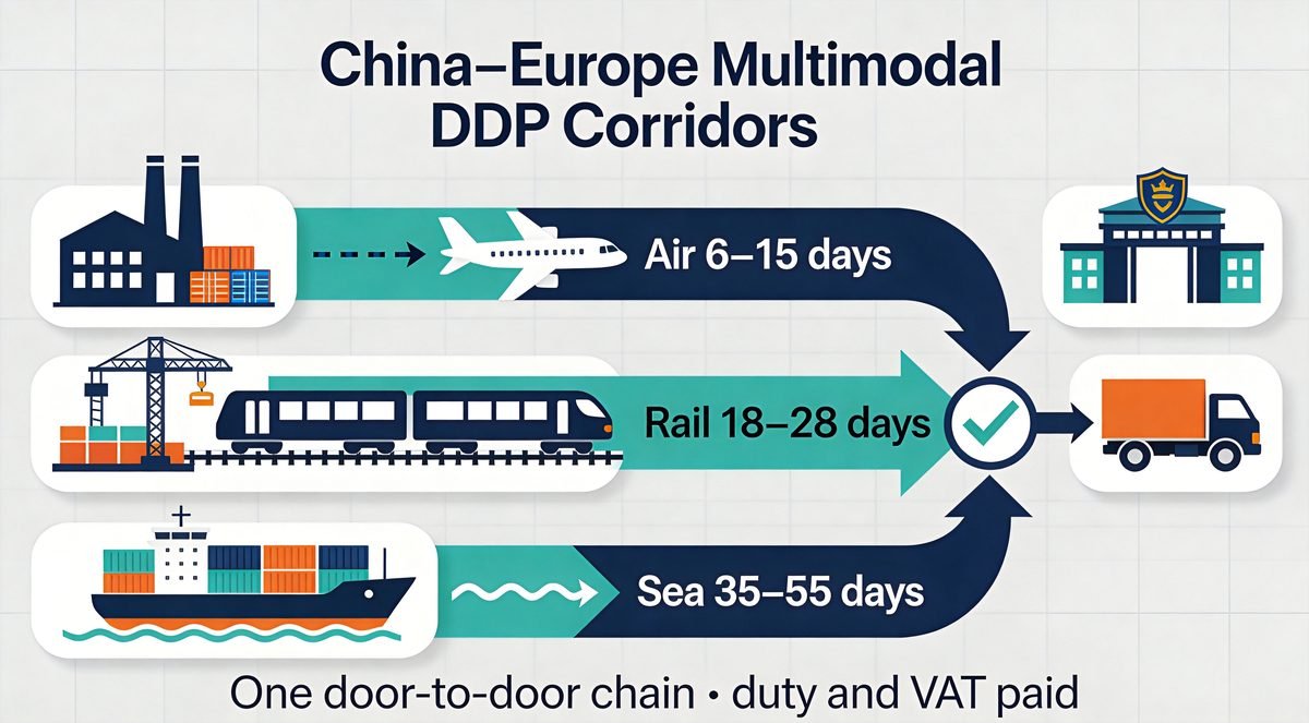 Shipping to Europe DDP multimodal corridors from China - sea, rail and air door-to-door transit times with duty and VAT paid