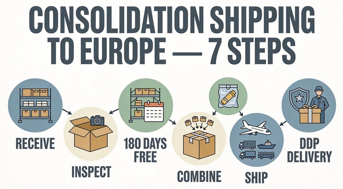 China to Europe consolidation DDP workflow: seven-step infographic from warehouse receiving, item inspection, parcel combining, repacking, trunk shipping, EU customs clearance to DDP door delivery