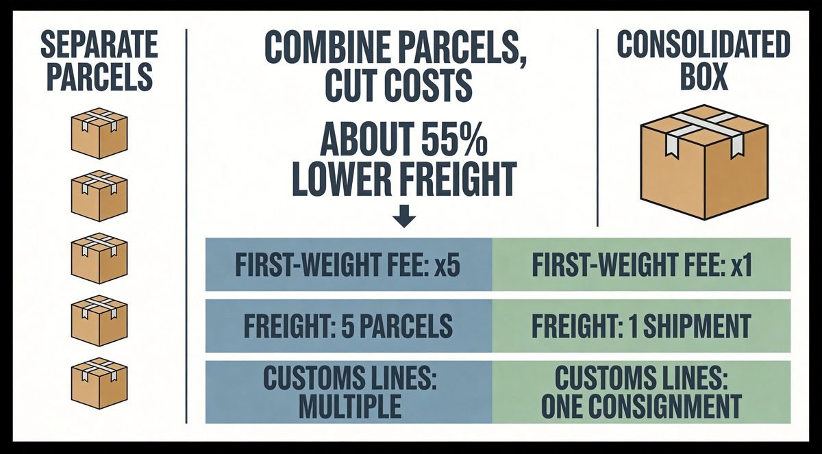 China to Europe consolidation DDP cost comparison: five separate parcels versus one consolidated box, showing five first-weight fees against one and multiple customs lines against one consignment