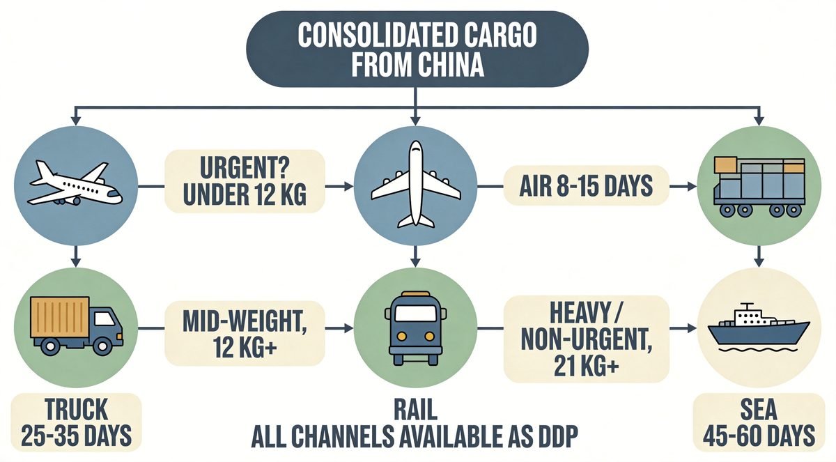 China to Europe consolidation DDP shipping channel decision tree: air freight 8-15 days for urgent small parcels, truck 25-35 days and rail 18-25 days for mid-weight cargo, sea freight 45-60 days for heavy non-urgent goods