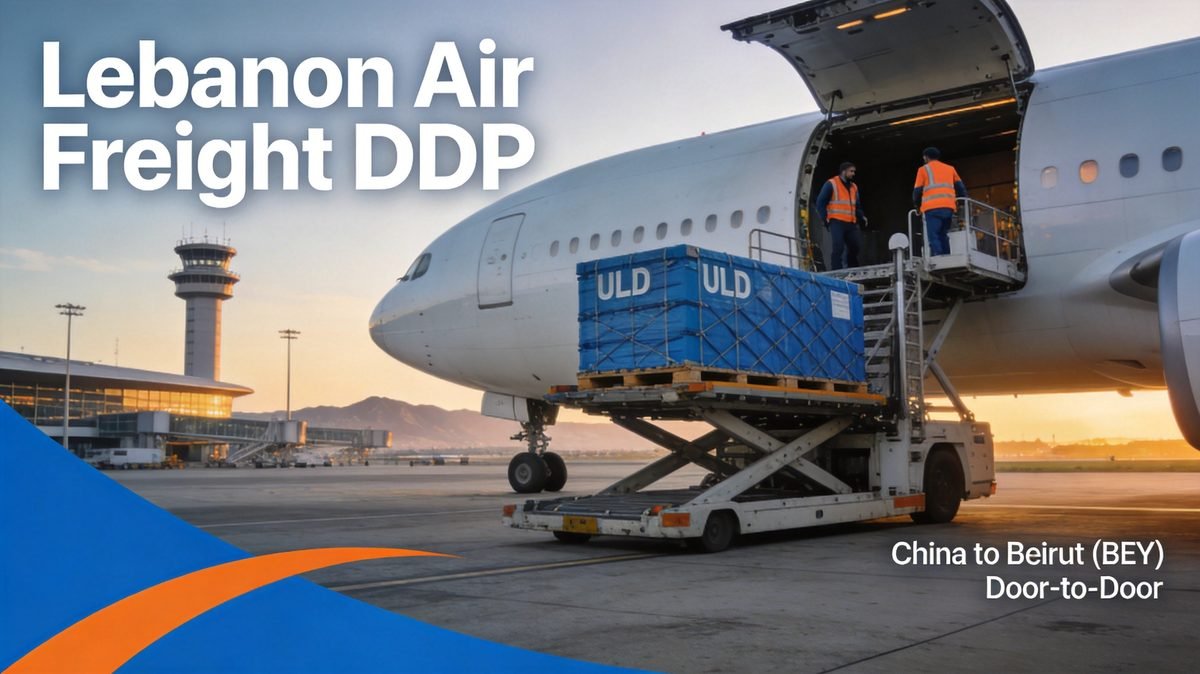 Lebanon air freight DDP full freighter loading ULD pallets at Beirut Rafic Hariri airport BEY for door-to-door shipping from China