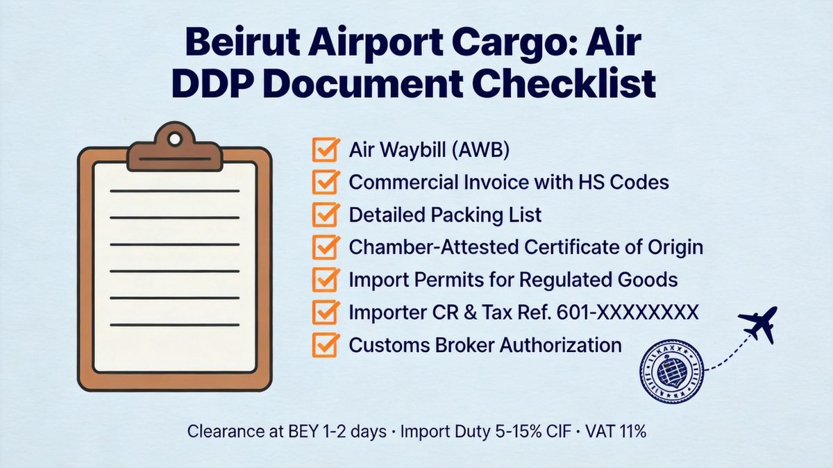 Beirut airport cargo air DDP customs document checklist: air waybill, commercial invoice with HS codes, packing list, chamber-attested certificate of origin, import permits, importer CR and tax reference 601