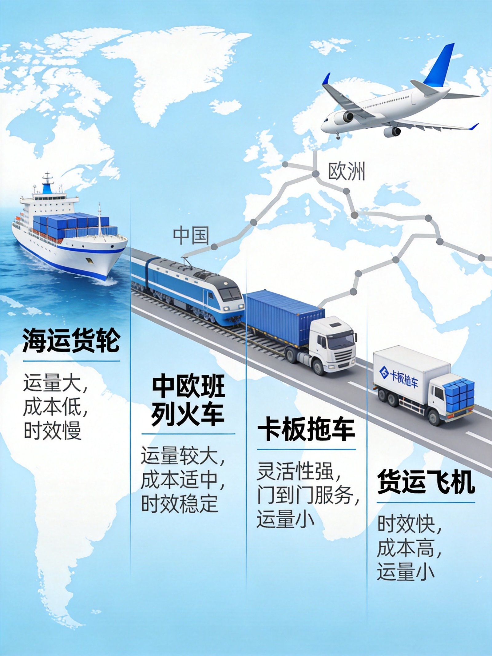 空调出口欧洲物流-海运卡航铁路空运四种方式对比
