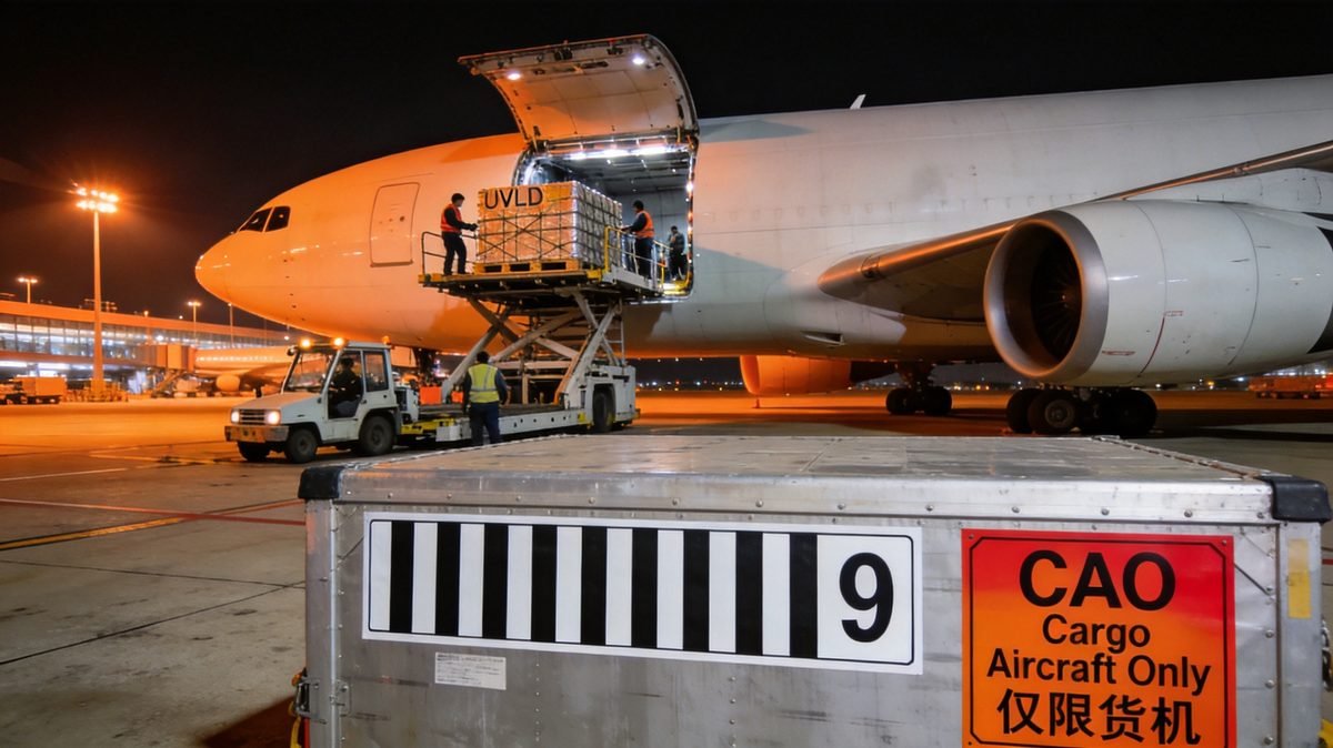 锂电池欧洲空运双清包税实操指南:IATA DGR第67版新规下,带电货物空运怎么走? 2 全货机装载锂电池危险品集装箱,第9类标签与CAO货机标签