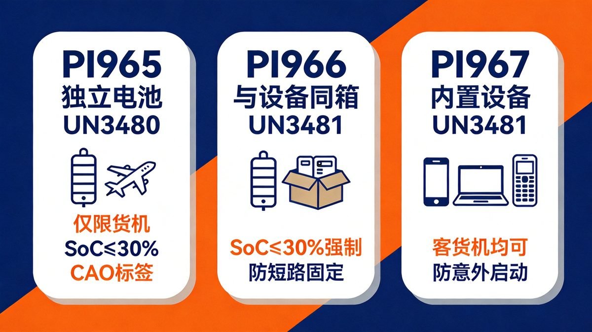 锂电池欧洲空运双清包税实操指南:IATA DGR第67版新规下,带电货物空运怎么走? 3 PI965 PI966 PI967三种锂电池空运包装说明对比信息图