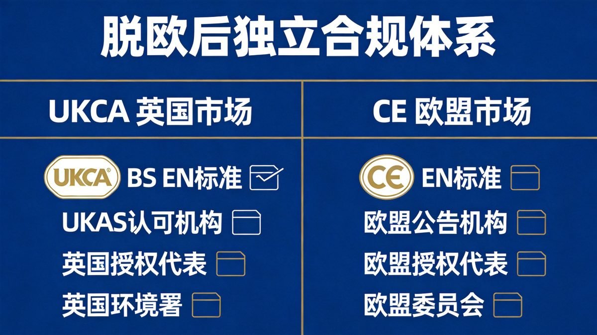 锂电池英国海运双清包税实操指南:脱欧后UKCA合规、CDS申报与危险品运输全流程 4 UKCA与CE合规体系对比信息图,英国脱欧后独立认证路径